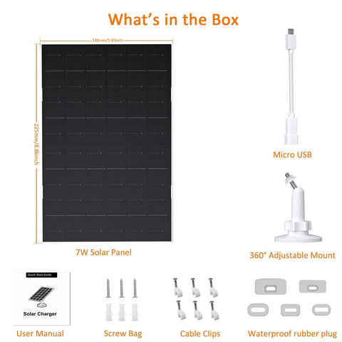 Packaging contents of 7W USB C Solar Panel Charger For EufyCam 2 Series And Other 5V Security Cams With USB C Port.