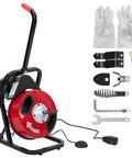 Beast Mode Auto Feed Drain Cleaner Machine With Durable Steel Sewer Snake Auger Featuring High Torque Motor, gloves and tools included.