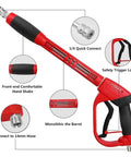 Diagram of upgraded pressure washer gun with 47-inch extension wand, quick connect, and comfortable grip shown in detail.