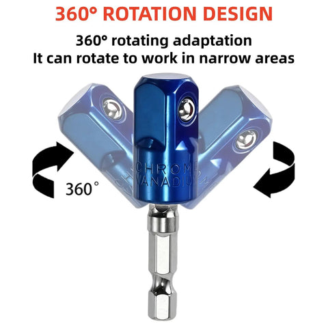 360 Degree Rotatable Socket Adapter Set For Drill Chucks Hex 1/4 3/8 1/2 Inch Convert Your Drill Into A High Speed Nut Driver Impact Grade CR-V 3 Piece showing rotation mechanism.