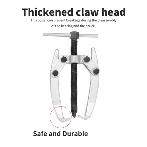 Beefed Up 2 Jaw Gear Puller Set 2.5 Inch Universal Bearing Extractor Tool 65mm Reach High Carbon Steel Puller with thickened claw head.