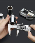 6 Inch Digital Caliper With Stainless Steel Polished Finish, measuring socket with LCD display and inch millimeter fraction readouts