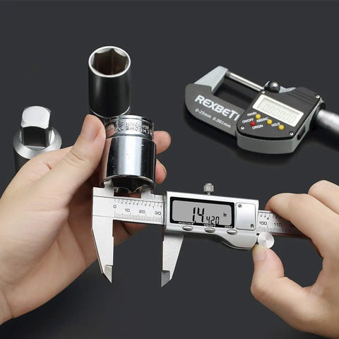6 Inch Digital Caliper With Stainless Steel Polished Finish, measuring socket with LCD display and inch millimeter fraction readouts
