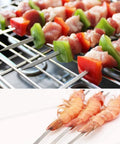 12 Pack 22 Inch Stainless Steel Kabob Skewers With Wide Reusable Nonslip Wooden Handles Heavy Duty BBQ Skewers For Shish Kebabs Chicken Shrimp And Vegetables Perfect For Backyard Grill Outs Easy To Clean, loaded with meat and vegetables on a grill.