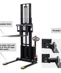 Heavy Duty Electric Pallet Stacker With 2640 Lbs Load Capacity And Adjustable Forks, showing adjustable forks and straddle legs.