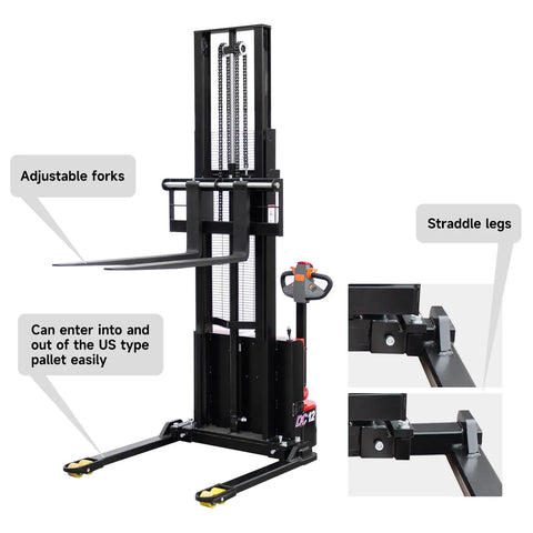 Heavy Duty Electric Pallet Stacker With 2640 Lbs Load Capacity And Adjustable Forks, showing adjustable forks and straddle legs.