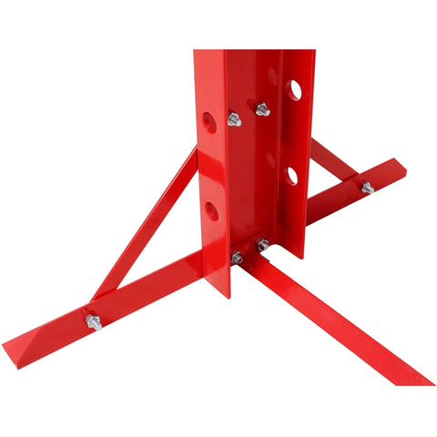 Close-up of Heavy Duty 30 Ton Air Hydraulic Shop Press With Integrated Gauge H-frame base showing red steel structure and bolts.