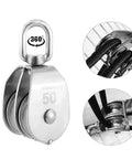 M50 Double Pulley Block Set, Stainless Steel 304 Heavy Duty Swivel Pulley System for Lifting and Cable Loading, close-up details.