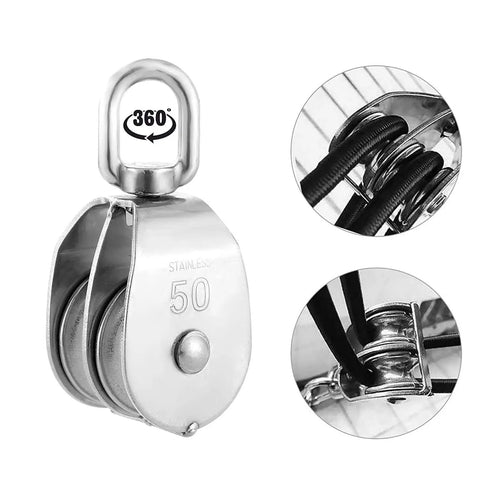 M50 Double Pulley Block Set, Stainless Steel 304 Heavy Duty Swivel Pulley System for Lifting and Cable Loading, close-up details.