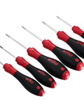 Pro Grade Torx Screwdriver Set 6 Piece T6 Through T15 Ergonomic Cushion Grip Handles dual durometer displayed in a row