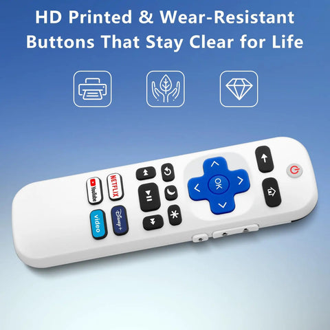 Two Replacement TV Remote Controls For TCL Onn Hisense Sharp Philips Westinghouse Insignia Element TLC Roku Ruko Ruku Roko Smart TVs Pack Of Two With Easy Setup And Wide Compatibility 1 Year Warranty, showing durable buttons, white finish