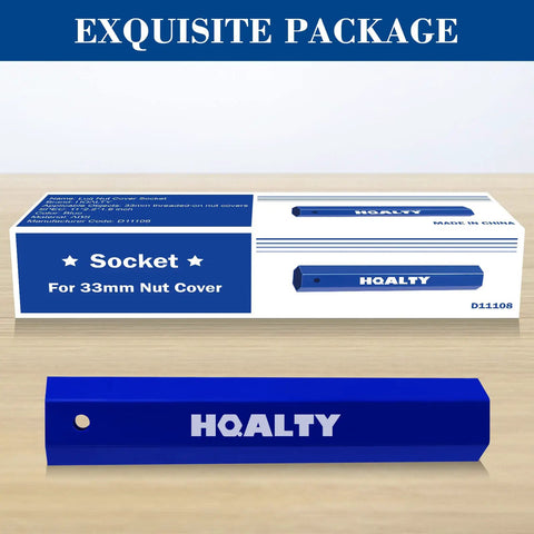 Hex Lug Nut Cover Socket Installation Tool For 1.5-Inch And 32mm/33mm Lug Nut Covers On Semi Trucks, Trailers, RVs And Heavy Duty Vehicles That Makes Install And Removal A Breeze, 1 Unit shown in blue packaging and tool