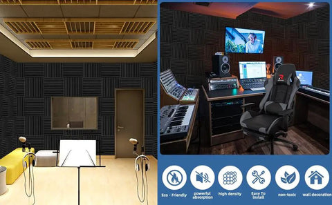 100 Pack Soundproof Foam Panels For Walls, 12x12 Inch Acoustic Tile in a home studio, enhancing sound quality and reducing echo.