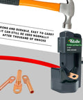 Beefy Hammer Lug Crimp Tool For 8 AWG To 0000 AWG Battery And Welding Cables with hammer, displayed with copper lugs.