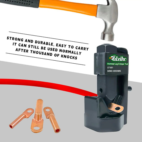 Beefy Hammer Lug Crimp Tool For 8 AWG To 0000 AWG Battery And Welding Cables with hammer, displayed with copper lugs.