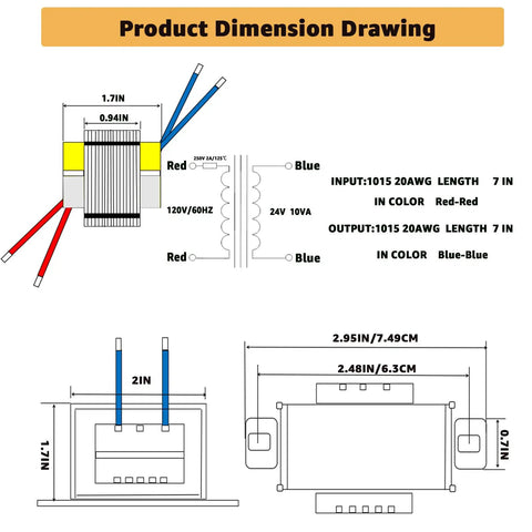 Technical drawing of 120V To 24V Isolation Transformer For Audio And Stage Lighting, 24V 10VA AC Transformer With Base Mount, 63 mm Spacing