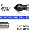 Heavy Duty M35 Cobalt Countersink Drill Bit With TiAlN Coating And 82 Degree Point Angle To Crush Steel And Wood Like A Boss featuring 3/8 inch shank and 1/2 inch cutter.
