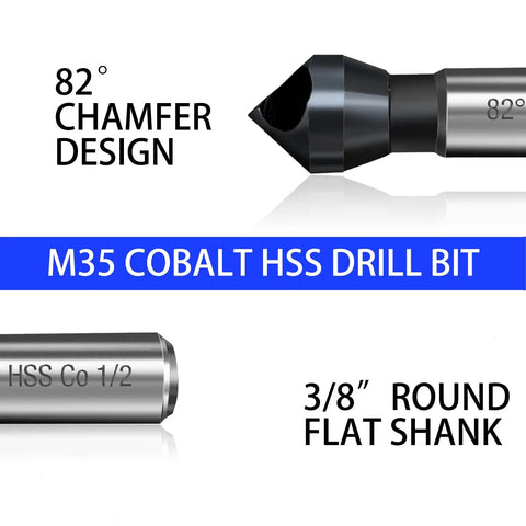 Heavy Duty M35 Cobalt Countersink Drill Bit With TiAlN Coating And 82 Degree Point Angle To Crush Steel And Wood Like A Boss featuring 3/8 inch shank and 1/2 inch cutter.