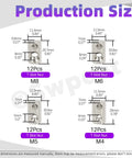 Diagram of Must Have 3030 Series Roll In Spring T Nuts Kit with dimensions for M4, M5, M6, M8 T Slot Nuts, 48 Pieces in total.