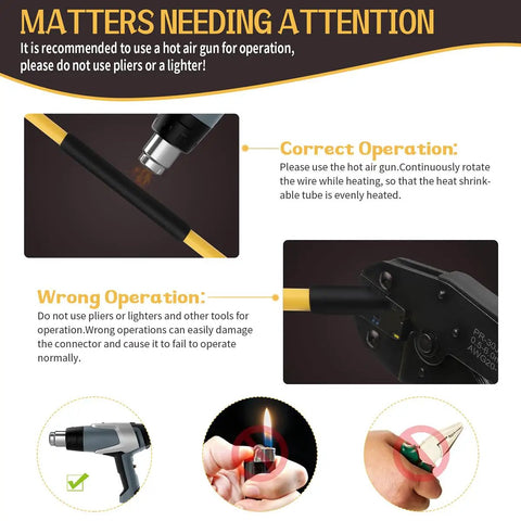 Instructions for using Pro Grade 170 Piece Heat Shrink Tubing Kit For Electrical Connections with hot air gun, avoiding pliers or lighters.