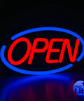 Oval Shaped LED Tube Neon Open Sign 24 By 12 Inches Ultra Bright Blue And Red Ready To Use With Mounting Chains And 5 Foot Cord Plug In
