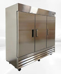 Top Shelf Commercial 3 Door Reach In Refrigerator, Built Tough Stainless Steel Display Cooler Merchandiser For Every Kitchen Grind, Roomy 72 Cubic Foot Layout, side view.