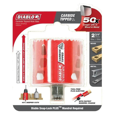 Front view of Diablo carbide-tipped hole saw in red packaging, 2-3/4 in. diameter, wood/metal use, Snap-Lock Plus