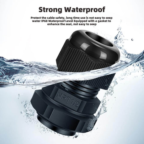 12 Pack 1/2 Inch NPT Cable Glands Waterproof Beefy Adjustable Strain Relief Connectors Nylon PA66 With Gaskets submerged in water