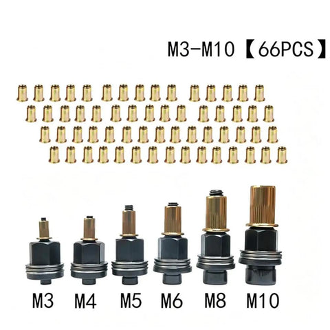 Mandrel Rivnut Kit M3 To M10 66 Piece Carbon Steel Rivnut Set For Auto Bodywork And DIY Metal Fabrication Dual Drill Or Wrench Drive For Fast Press In Includes M3 M4 M5 M6 M8 M10 Mandrels And 60 Rivet Nuts; M3-M10 rivet nuts