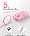 Pink 5 Foot Extension Cord With Surge Protector Six USB Ports Super Handy Three USB C Quick Charge Ports And Three USB A Smart Charging Tech Cute Kawaii Style For Home Office Desk Setup And TV Stand, 1080J, 16 AWG