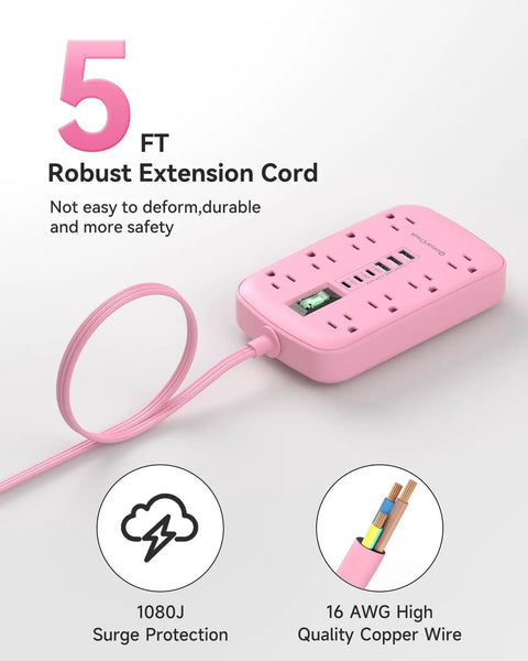 Pink 5 Foot Extension Cord With Surge Protector Six USB Ports Super Handy Three USB C Quick Charge Ports And Three USB A Smart Charging Tech Cute Kawaii Style For Home Office Desk Setup And TV Stand, 1080J, 16 AWG