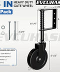 Heavy Duty 5 Inch Spring Loaded Gate Caster Wheel Packs Rock Solid Shock Absorption And Smooth 360 Swivel Glide For Outdoor Wooden Fence And Steel Tube Gates No Stress Rolling Up To 220 Pound In Matte Black with mounting hardware included.