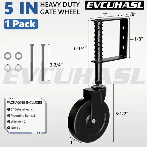 Heavy Duty 5 Inch Spring Loaded Gate Caster Wheel Packs Rock Solid Shock Absorption And Smooth 360 Swivel Glide For Outdoor Wooden Fence And Steel Tube Gates No Stress Rolling Up To 220 Pound In Matte Black with mounting hardware included.