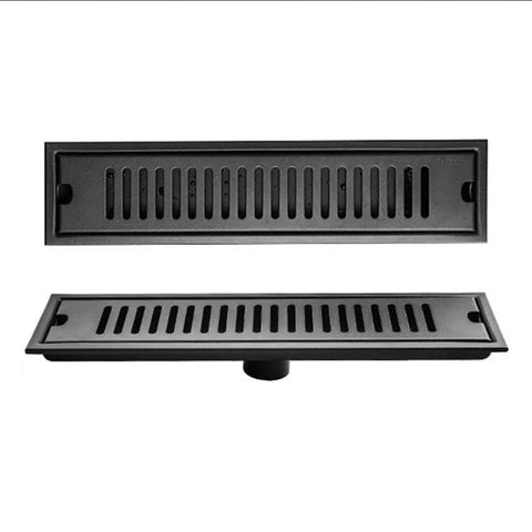 Heavy Duty Linear Shower Drain With Quick Swap Hair Strainer And Rust Proof 304 Stainless Steel sleek black design for modern bathrooms.
