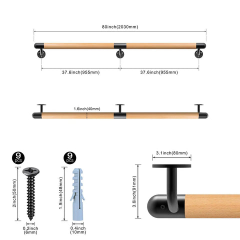 Rock Solid 80 Inch Real Wood Indoor Stairs Handrail Wall Mount Safety Rail With Heavy Duty Metal Brackets, showing dimensions and fittings.