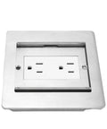 Slick Recessed Floor Power Box Featuring Double Electric Receptacles With Smooth Sliding Cover For Modern Homes top view with stainless steel housing.