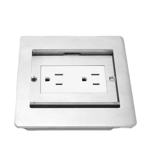 Heavy Duty Recessed Floor Outlet With Two Electrical Receptacles Featuring Double Slide Stainless Steel Build For Dead Simple Kitchen Living Room Or Office Power Hookup Zero Grind One Hand Setup At One Hundred Ten Volts, top view.