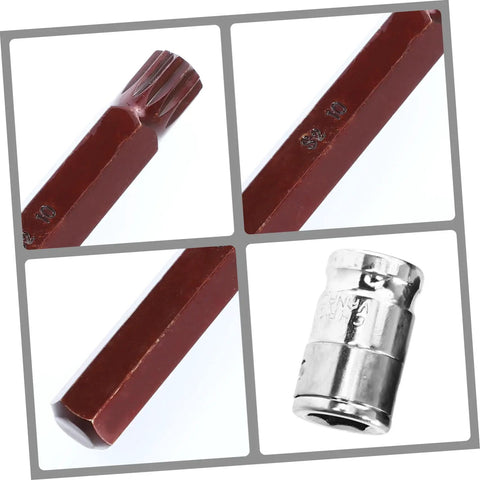 Pro Shop Grade Spline Socket Bit Set showing a steel S2-10 bit and a chrome socket, ideal for mechanics and auto repair.