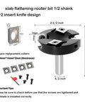 Heavy Duty CNC Spoilboard Surfacing Router Bit With One Half Inch Shank And Two And A Half Inch Cut Diameter Four Carbide Inserts Slab Flattening Planing Bit For Fly Cutter Slab Leveler And Rabbeting Beast Finish, featuring 1/2 inch shank and 2+2 insert knife design, shown with dimensions and replacement cutters.