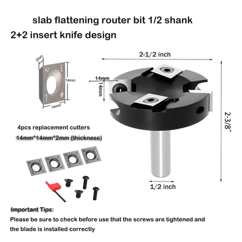 Heavy Duty CNC Spoilboard Surfacing Router Bit With One Half Inch Shank And Two And A Half Inch Cut Diameter Four Carbide Inserts Slab Flattening Planing Bit For Fly Cutter Slab Leveler And Rabbeting Beast Finish, featuring 1/2 inch shank and 2+2 insert knife design, shown with dimensions and replacement cutters.