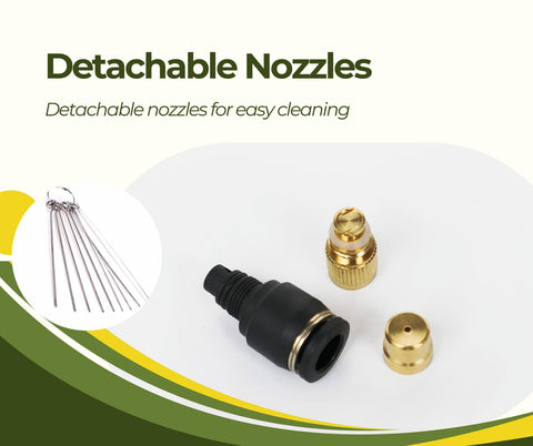 10 Pack Brass Misting Nozzles Tee 8 Inch 360 Degree Adjustable Copper Sprayer for One Quarter Inch Tubing shown