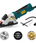 Enventor mini circular saw with laser guide, side view; corded 4.8A, includes 3 blades and attachments.