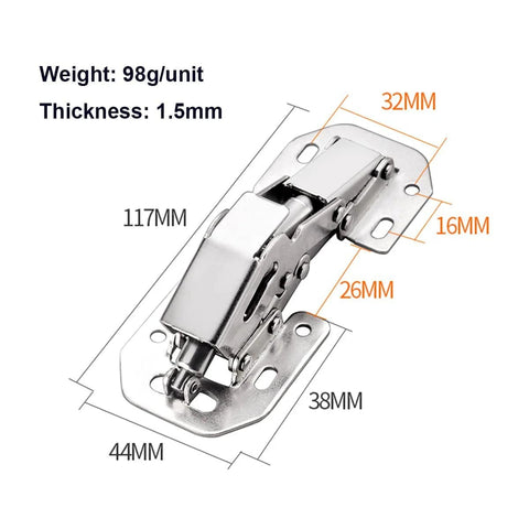 Front view of Soft Close Concealed Cabinet Door Hinges 90 Degree Hydraulic Invisible Hinges For Cabinets Cupboards And Wardrobes Rust Resistant Cold Rolled Steel With Zinc Finish 2 Pack By Qrity Easy Install, showing measurements and zinc finish.