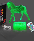 Lit 3D Horse Night Light For Kids with remote and touch control, glowing green LED lamp, USB cord, and gift box