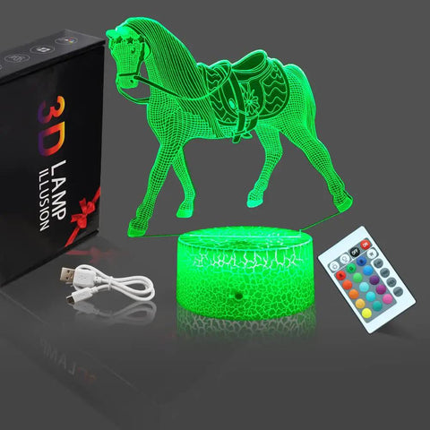 Lit 3D Horse Night Light For Kids with remote and touch control, glowing green LED lamp, USB cord, and gift box
