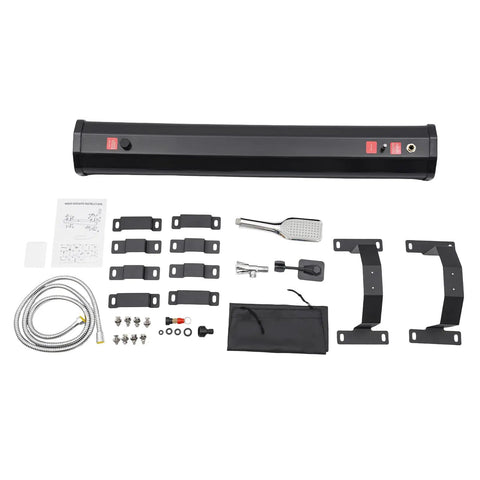 Components of 20L Portable Roof Rack Shower Kit With Long Hose For Camping Off Road And Fishing Beach Travel Self Pressurized Solar Heated Water Tank Up To 60C No Electricity Needed Black Silver