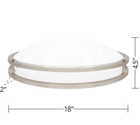 18 Inch LED Flush Mount Ceiling Light In Satin Nickel, Round Fixture, 2000 Lumens, Color Temperature Selectable 2700K To 5000K, Dimmable Dual Ring Design, Easy Switch Under Lens, Ideal For Kitchen, Living Room, Or Bedroom