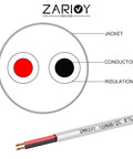 Cross-section of 100 Ft 16 AWG 2 Conductor Red And Black Hookup Wire with Fire Resistant CL2 White Jacket for LED strips and lamps.