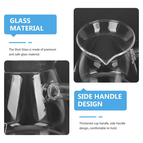 Close-up of glass shot glass with side handle, showcasing material texture and handle design for easy pouring.