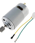 High Power RS550 Planetary Gear DC Motor With 12000-40000 RPM Speed Boost For DIY Robot Cars RC Hobby And Crazy Small Mechanical Machines That Run Smooth! close-up view of metal motor with connectors and shaft.
